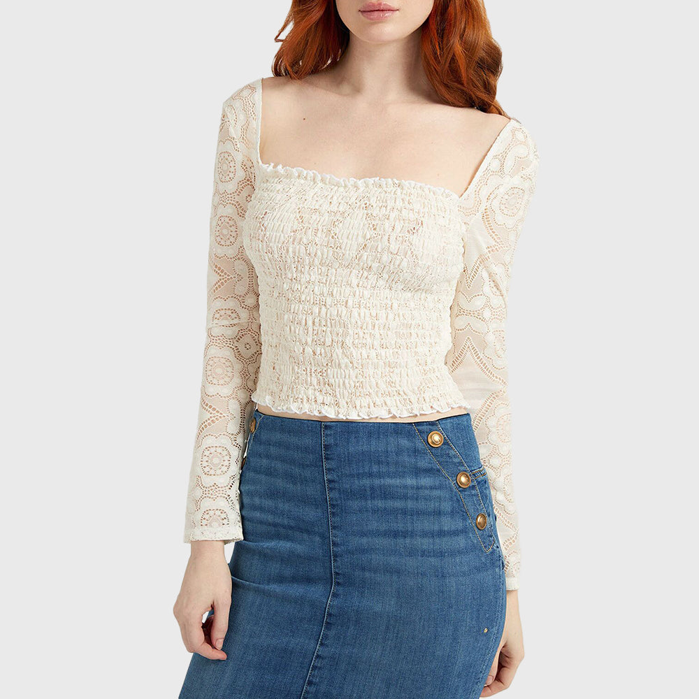 GUESS LS SMOCKED DECORA LACE TOP
