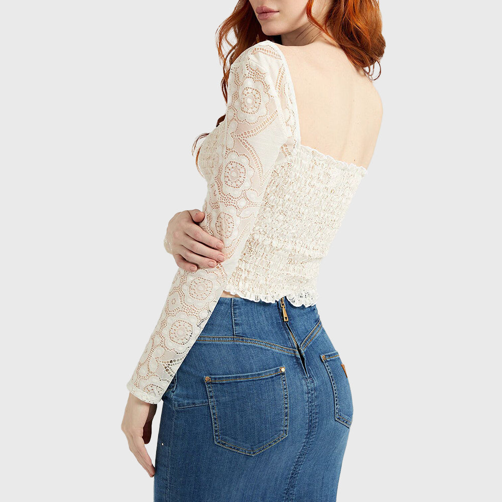 GUESS LS SMOCKED DECORA LACE TOP